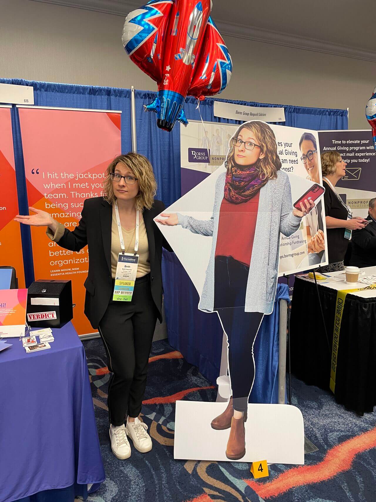 Beth with her AHP Murder Mystery character: the Forgotten Millennial Donor. If you want to know 